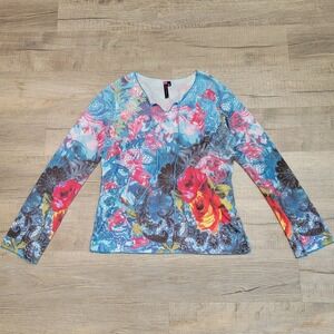 Nu Construction Y2K Stretchy Mesh Style Floral Whimsy Grunge Top Size XL
